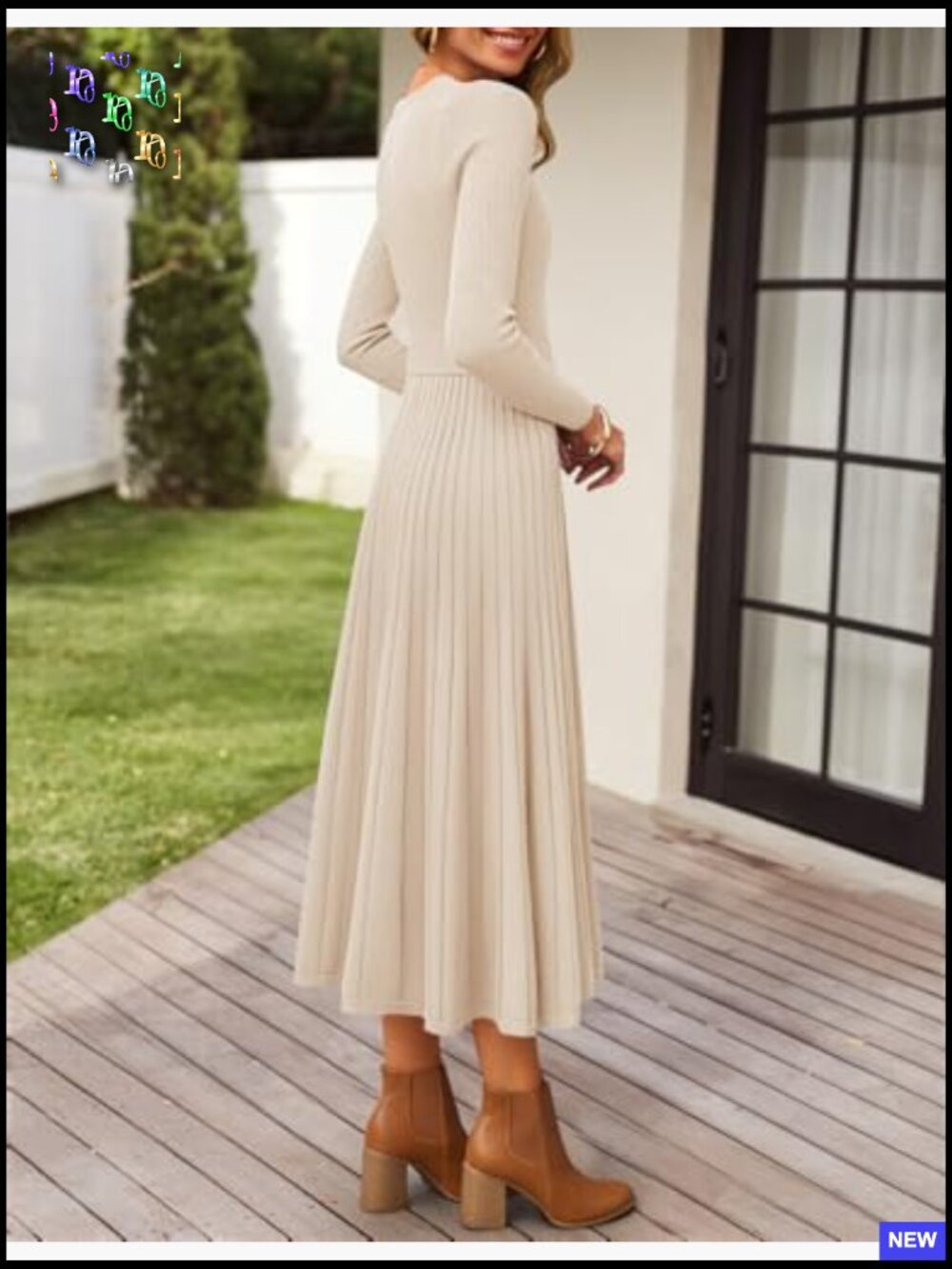 Long Sleeve Midi Sweater Dress Pleated A-Line Flowy Knit Dress with Belt - Picture 5 of 7